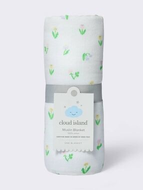 White Muslin Baby Blanket with Pastel Floral Print - Cloud Island